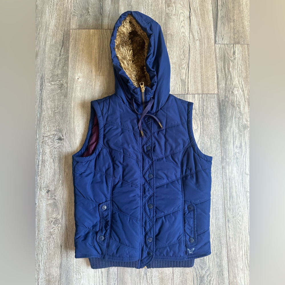 American Eagle Outfitters Blue & Purple Vest With Faux Fur Lined Hood